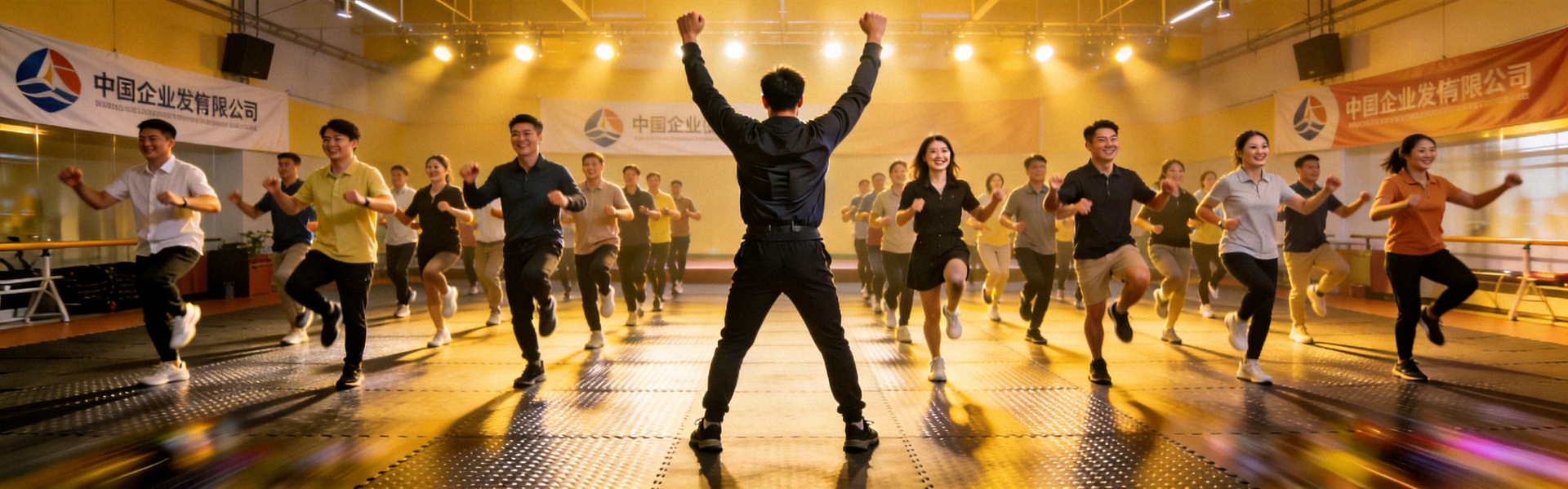 活力教练带领企业员工进行团体健身操课程，气氛热烈欢快